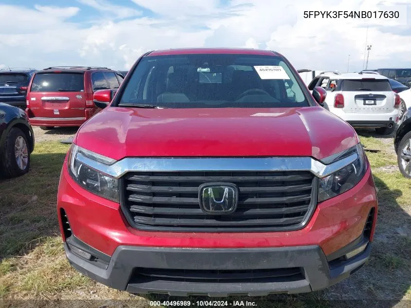 2022 Honda Ridgeline Rtl VIN: 5FPYK3F54NB017630 Lot: 40496989