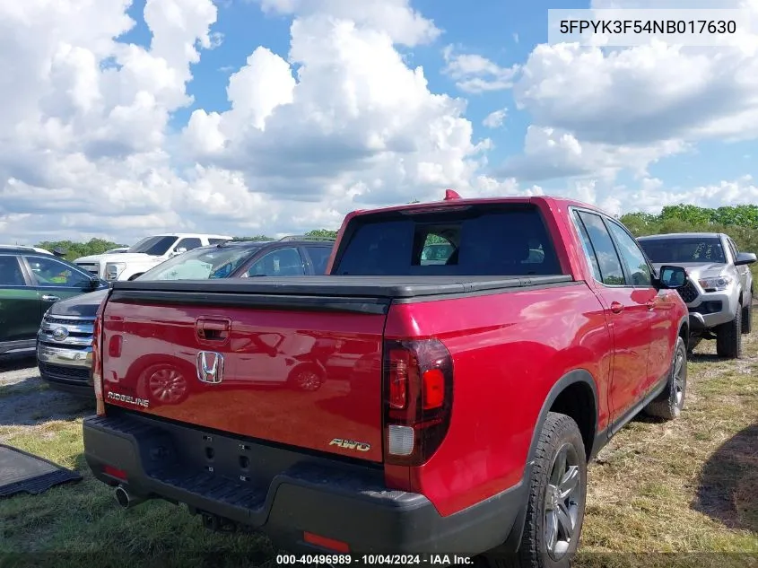 2022 Honda Ridgeline Rtl VIN: 5FPYK3F54NB017630 Lot: 40496989