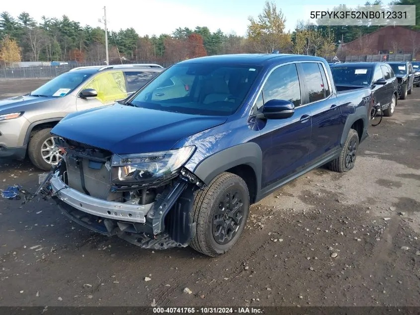 2022 Honda Ridgeline Rtl VIN: 5FPYK3F52NB012331 Lot: 40741765