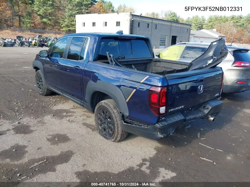 2022 Honda Ridgeline Rtl VIN: 5FPYK3F52NB012331 Lot: 40741765