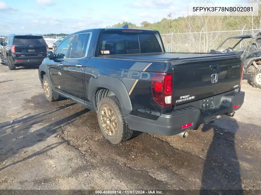 2022 Honda Ridgeline Rtl-E VIN: 5FPYK3F78NB002081 Lot: 40805914