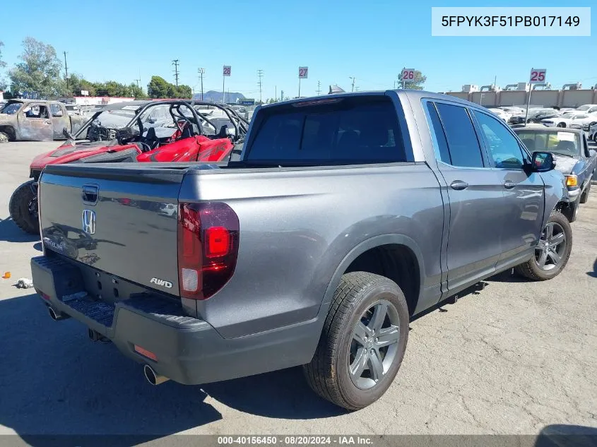 2023 Honda Ridgeline Rtl VIN: 5FPYK3F51PB017149 Lot: 40156450