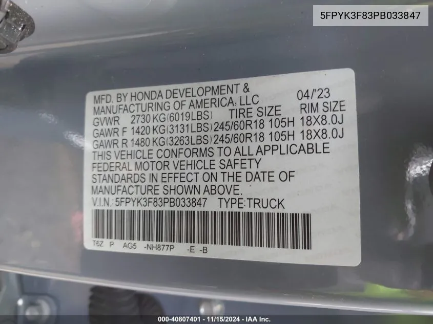 2023 Honda Ridgeline Black Edition VIN: 5FPYK3F83PB033847 Lot: 40807401