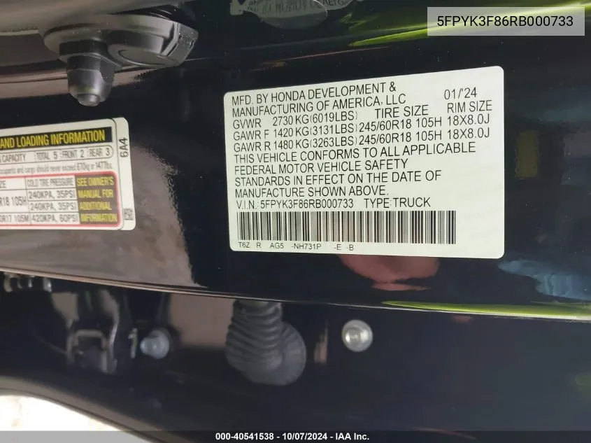 2024 Honda Ridgeline Black Edition VIN: 5FPYK3F86RB000733 Lot: 40541538