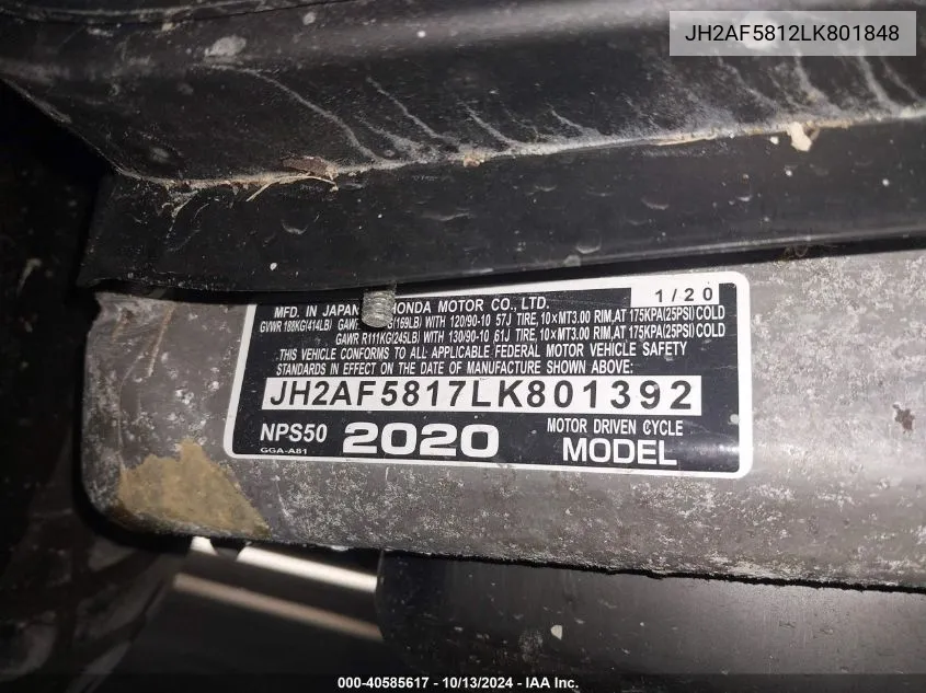 2020 Honda Nps50 VIN: JH2AF5812LK801848 Lot: 40585617