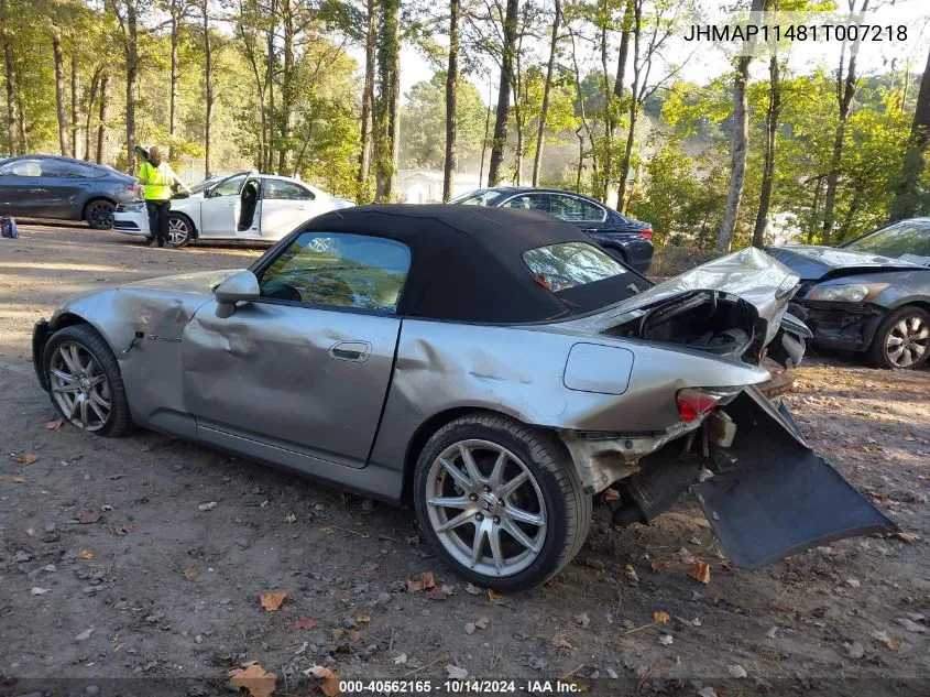 2001 Honda S2000 VIN: JHMAP11481T007218 Lot: 40562165