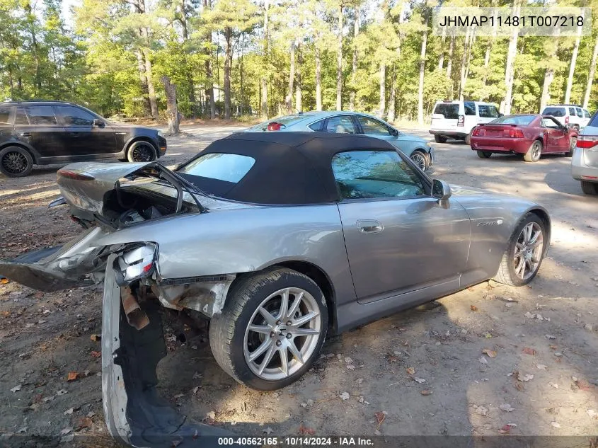 2001 Honda S2000 VIN: JHMAP11481T007218 Lot: 40562165