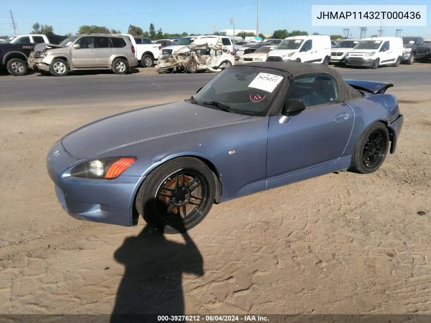 2002 Honda S2000 VIN: JHMAP11432T000436 Lot: 39276212