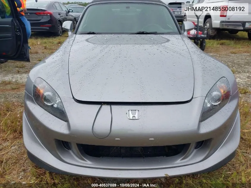 2005 Honda S2000 VIN: JHMAP21485S008192 Lot: 40537889