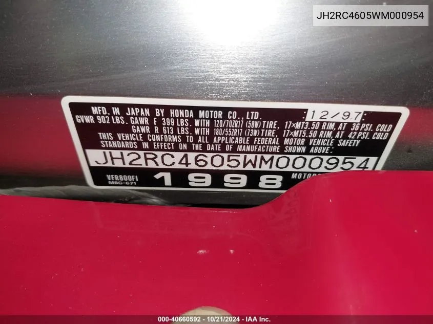 JH2RC4605WM000954 1998 Honda Vfr800 F1