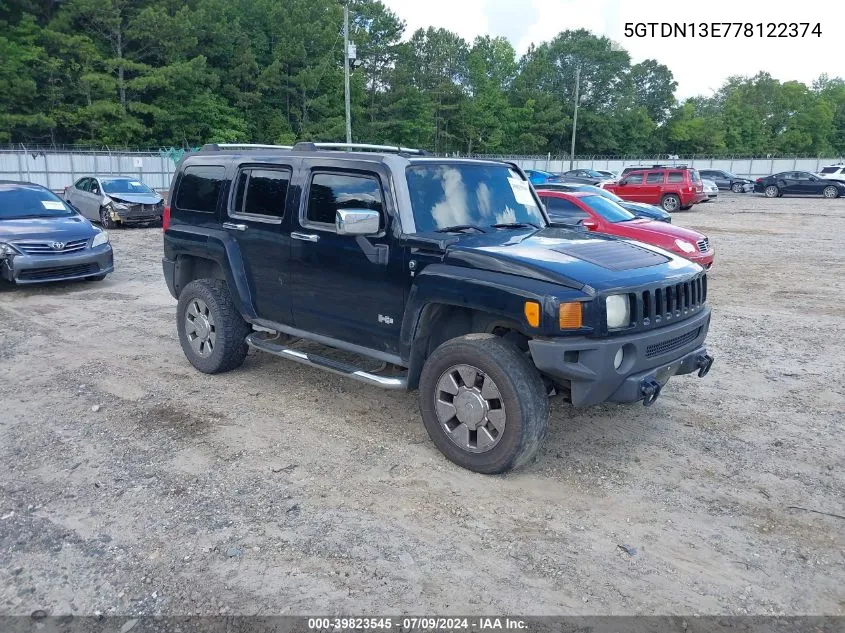 2007 Hummer H3 Suv VIN: 5GTDN13E778122374 Lot: 39823545