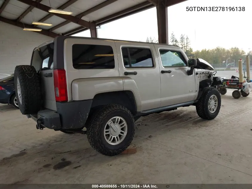 2007 Hummer H3 Suv VIN: 5GTDN13E278196138 Lot: 40588655