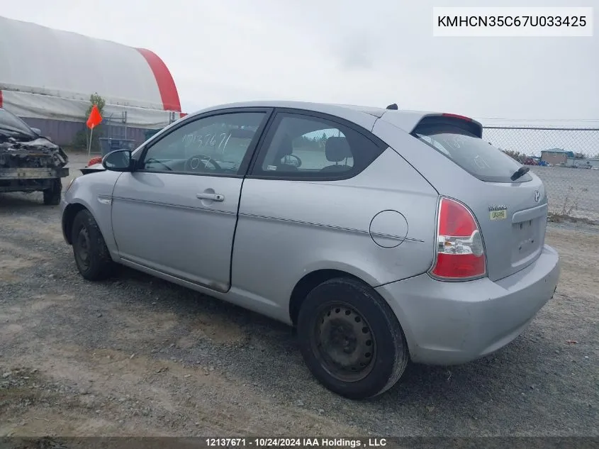 2007 Hyundai Accent VIN: KMHCN35C67U033425 Lot: 12137671