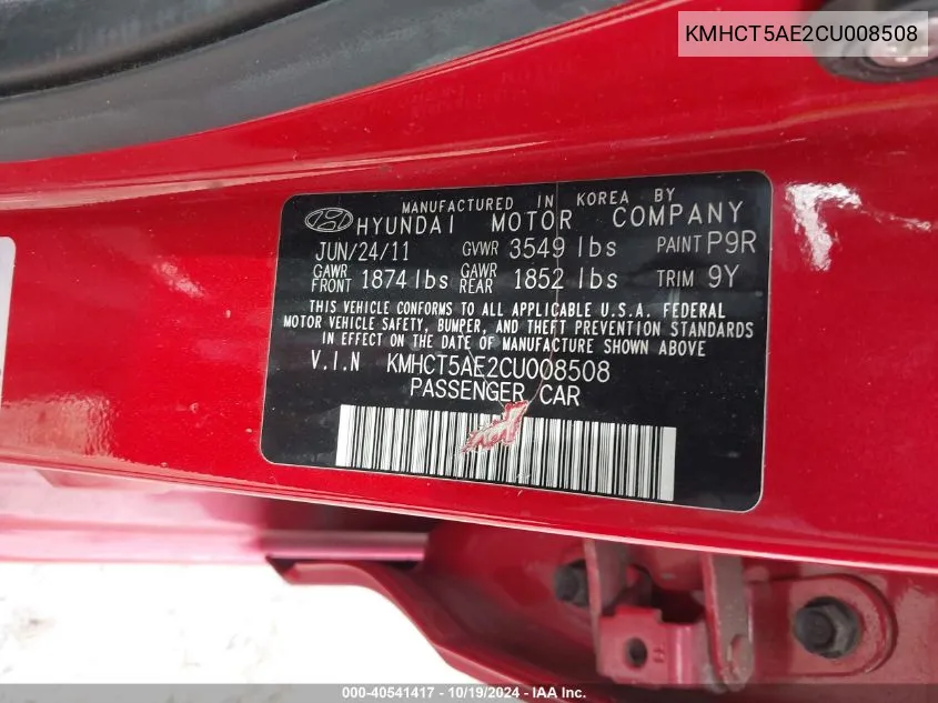 KMHCT5AE2CU008508 2012 Hyundai Accent Gs