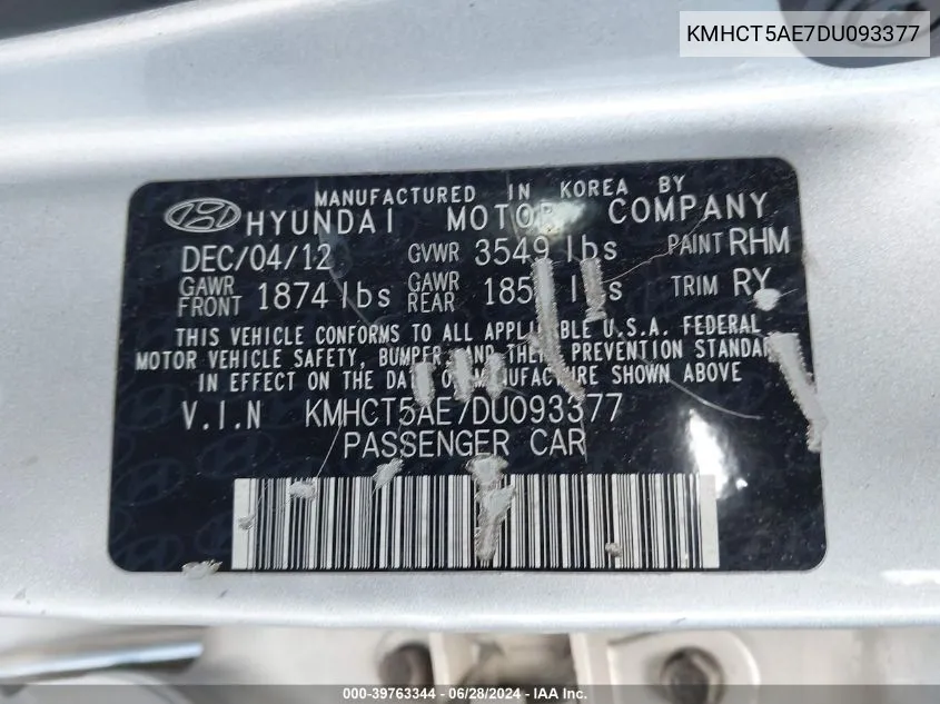 2013 Hyundai Accent Gs VIN: KMHCT5AE7DU093377 Lot: 39763344