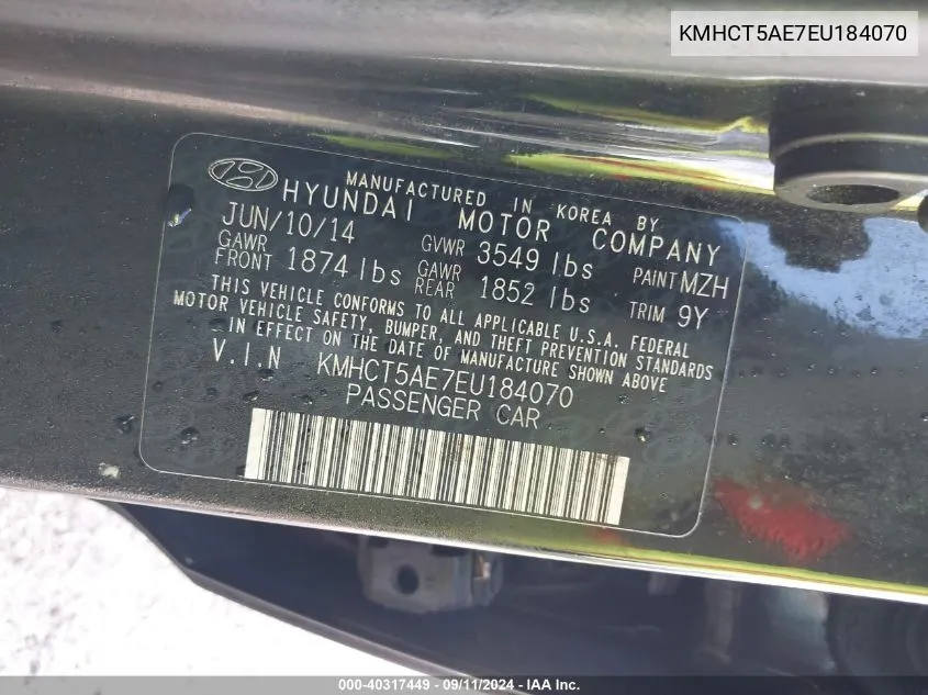 KMHCT5AE7EU184070 2014 Hyundai Accent Gs