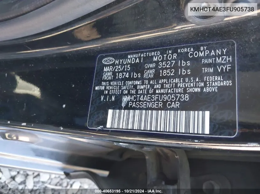 2015 Hyundai Accent Gls VIN: KMHCT4AE3FU905738 Lot: 40653195