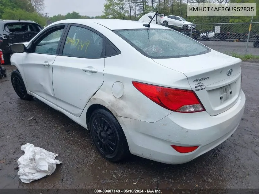 2016 Hyundai Accent Se VIN: KMHCT4AE3GU952835 Lot: 39407149