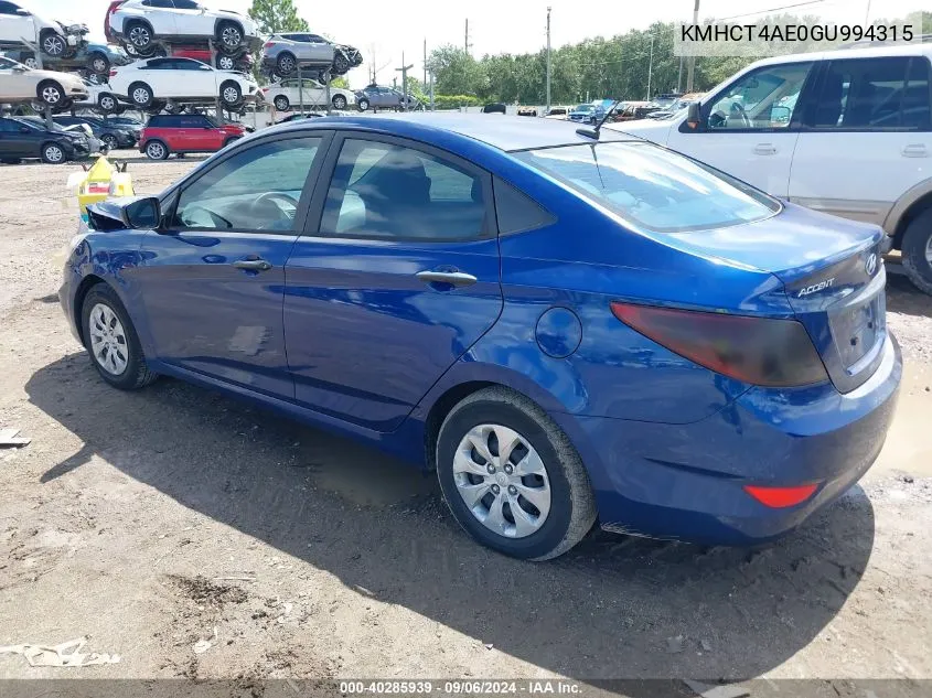 2016 Hyundai Accent Se VIN: KMHCT4AE0GU994315 Lot: 40285939