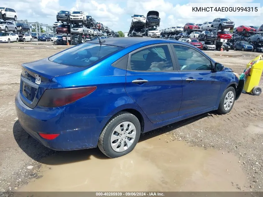 2016 Hyundai Accent Se VIN: KMHCT4AE0GU994315 Lot: 40285939