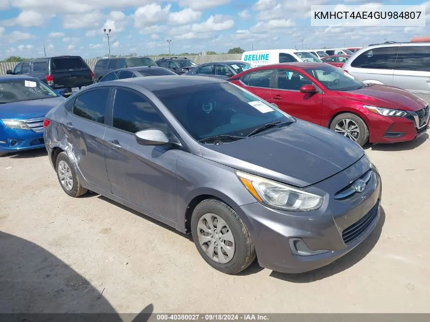 2016 Hyundai Accent Se VIN: KMHCT4AE4GU984807 Lot: 40380027