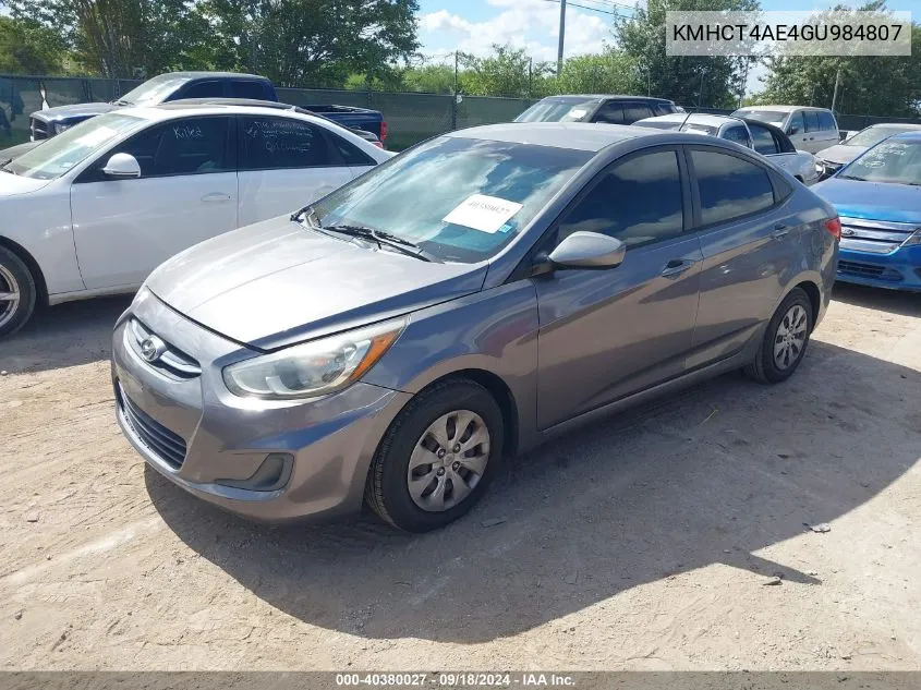 2016 Hyundai Accent Se VIN: KMHCT4AE4GU984807 Lot: 40380027