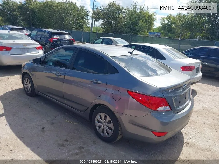 2016 Hyundai Accent Se VIN: KMHCT4AE4GU984807 Lot: 40380027