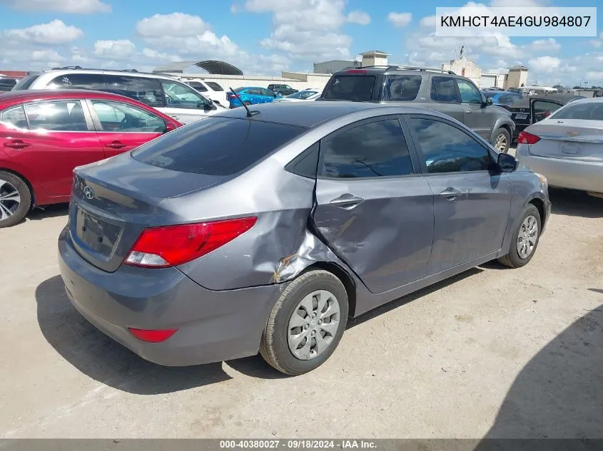 2016 Hyundai Accent Se VIN: KMHCT4AE4GU984807 Lot: 40380027