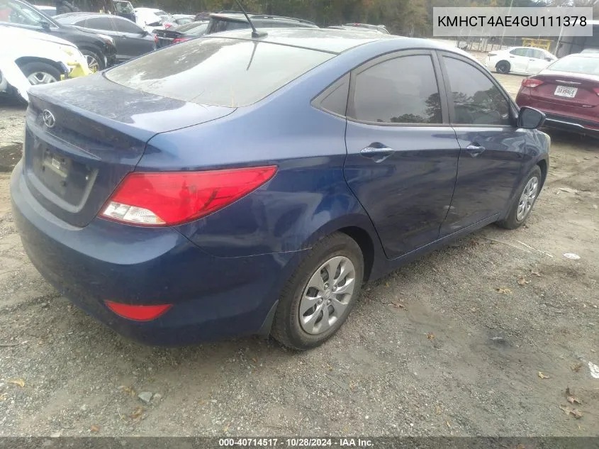 2016 Hyundai Accent Se VIN: KMHCT4AE4GU111378 Lot: 40714517