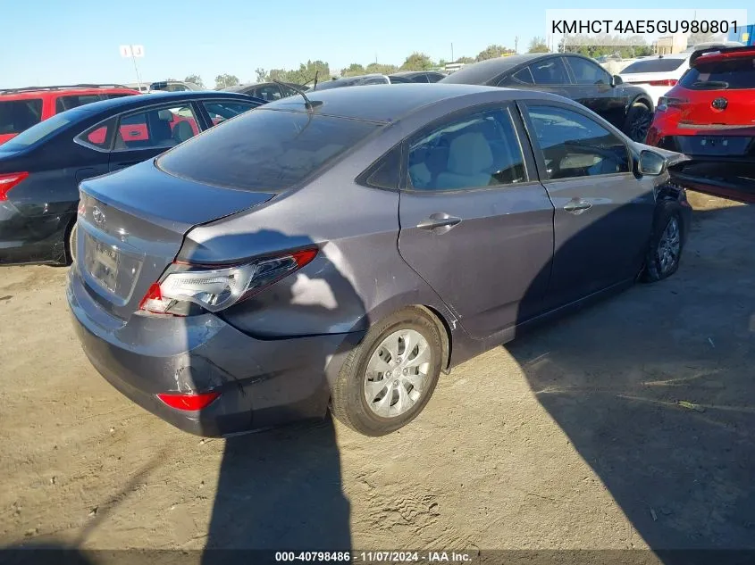 2016 Hyundai Accent Se VIN: KMHCT4AE5GU980801 Lot: 40798486