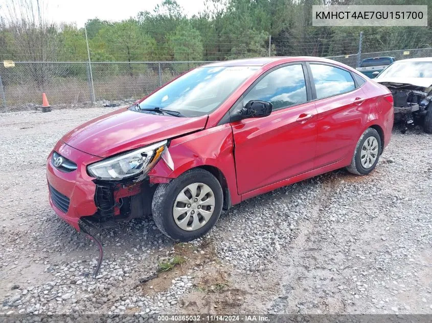 2016 Hyundai Accent Se VIN: KMHCT4AE7GU151700 Lot: 40865032