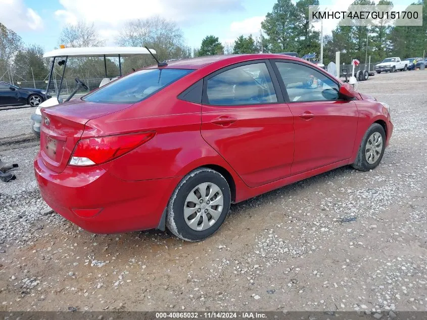 2016 Hyundai Accent Se VIN: KMHCT4AE7GU151700 Lot: 40865032