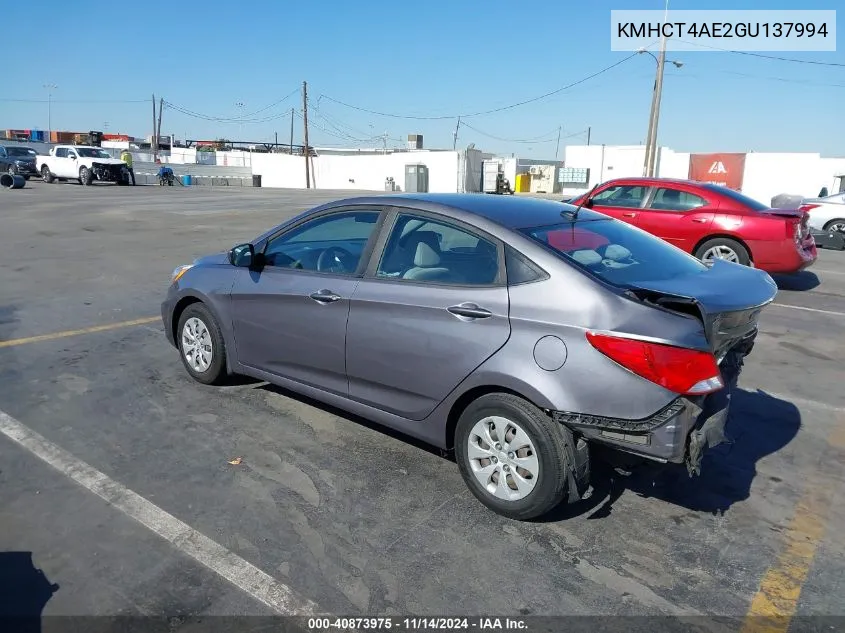 2016 Hyundai Accent Se VIN: KMHCT4AE2GU137994 Lot: 40873975