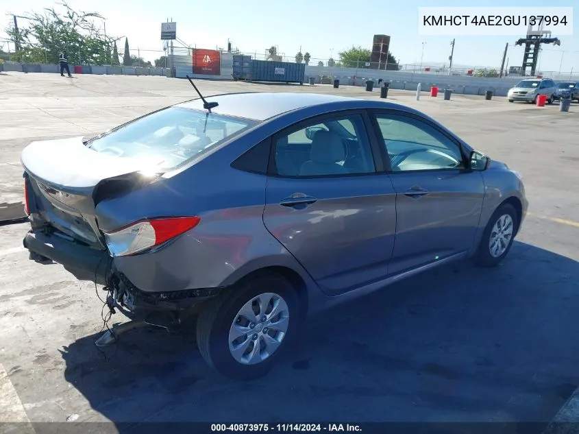 2016 Hyundai Accent Se VIN: KMHCT4AE2GU137994 Lot: 40873975