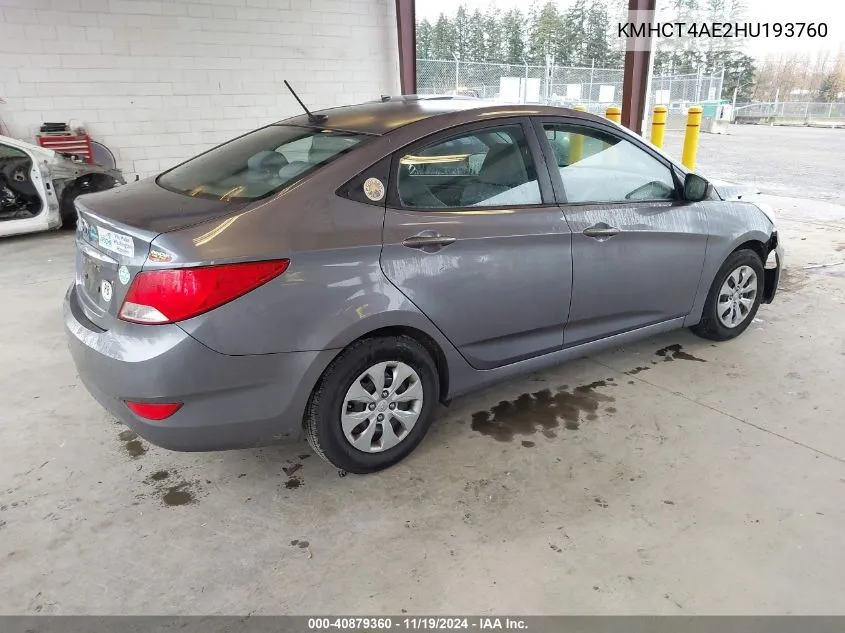 2017 Hyundai Accent Se VIN: KMHCT4AE2HU193760 Lot: 40879360