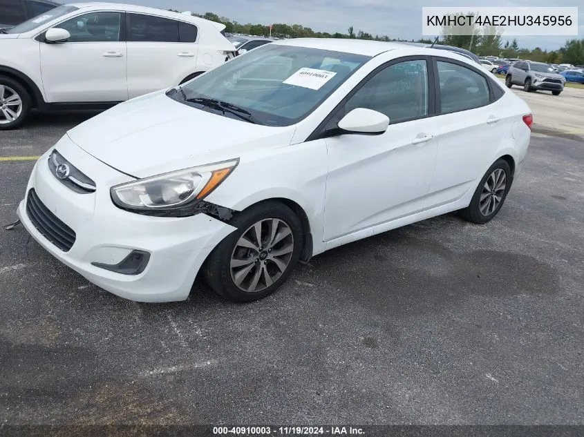 2017 Hyundai Accent Value Edition VIN: KMHCT4AE2HU345956 Lot: 40910003