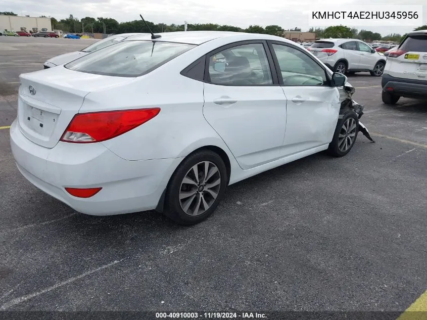 2017 Hyundai Accent Value Edition VIN: KMHCT4AE2HU345956 Lot: 40910003