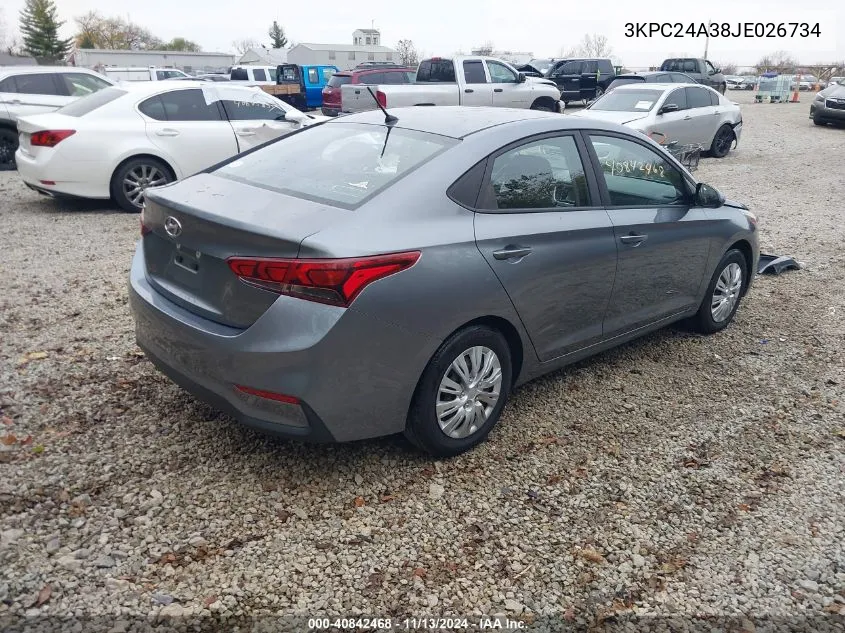 2018 Hyundai Accent Se VIN: 3KPC24A38JE026734 Lot: 40842468