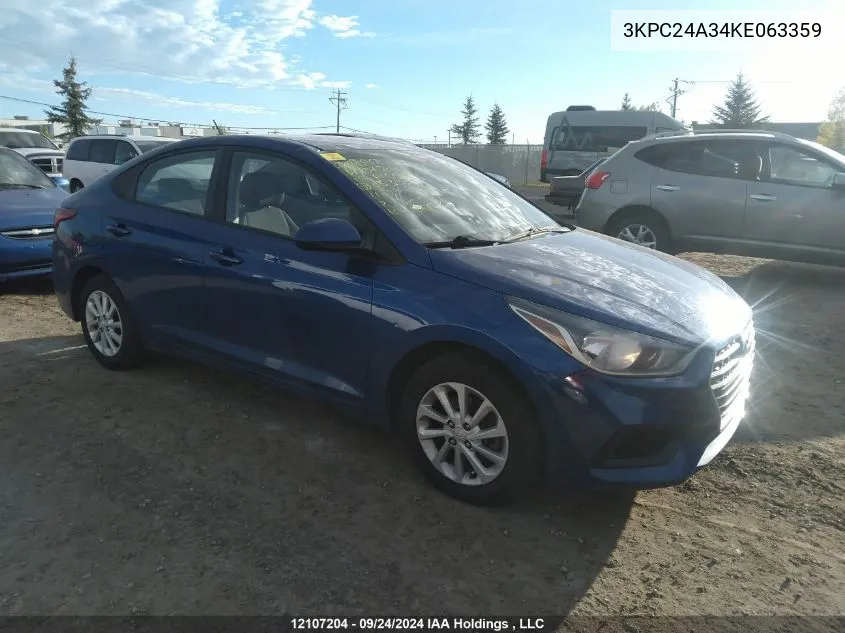 2019 Hyundai Accent Se/Sel VIN: 3KPC24A34KE063359 Lot: 12107204