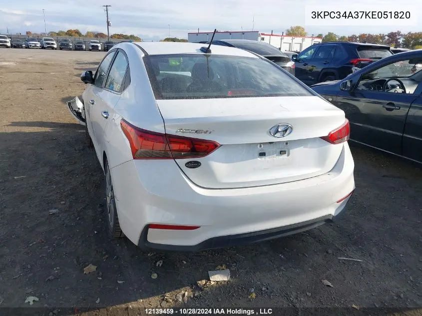 2019 Hyundai Accent Limited VIN: 3KPC34A37KE051820 Lot: 12139459