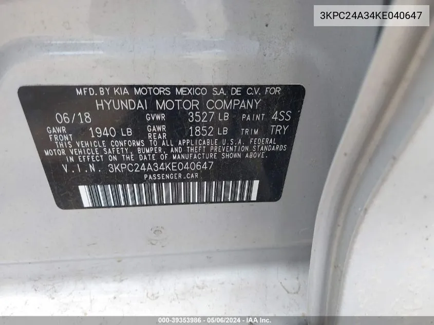 3KPC24A34KE040647 2019 Hyundai Accent Se