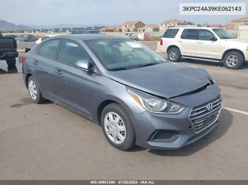 2019 Hyundai Accent Se VIN: 3KPC24A39KE062143 Lot: 39951246