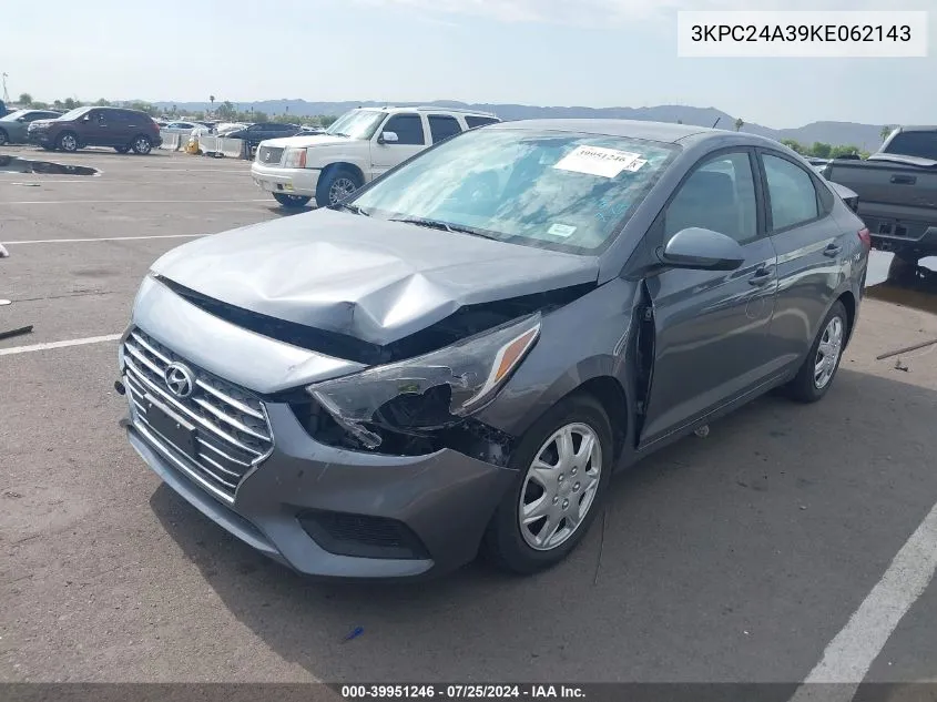 2019 Hyundai Accent Se VIN: 3KPC24A39KE062143 Lot: 39951246