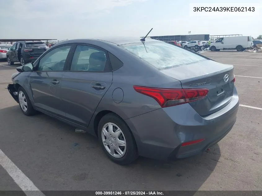 2019 Hyundai Accent Se VIN: 3KPC24A39KE062143 Lot: 39951246