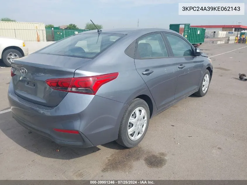 2019 Hyundai Accent Se VIN: 3KPC24A39KE062143 Lot: 39951246