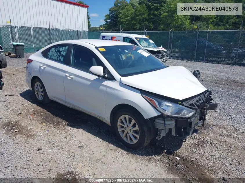 2019 Hyundai Accent Sel VIN: 3KPC24A30KE040578 Lot: 40077825