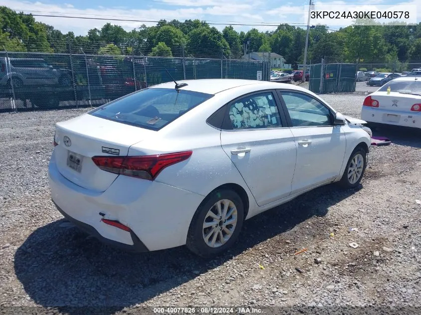 2019 Hyundai Accent Sel VIN: 3KPC24A30KE040578 Lot: 40077825