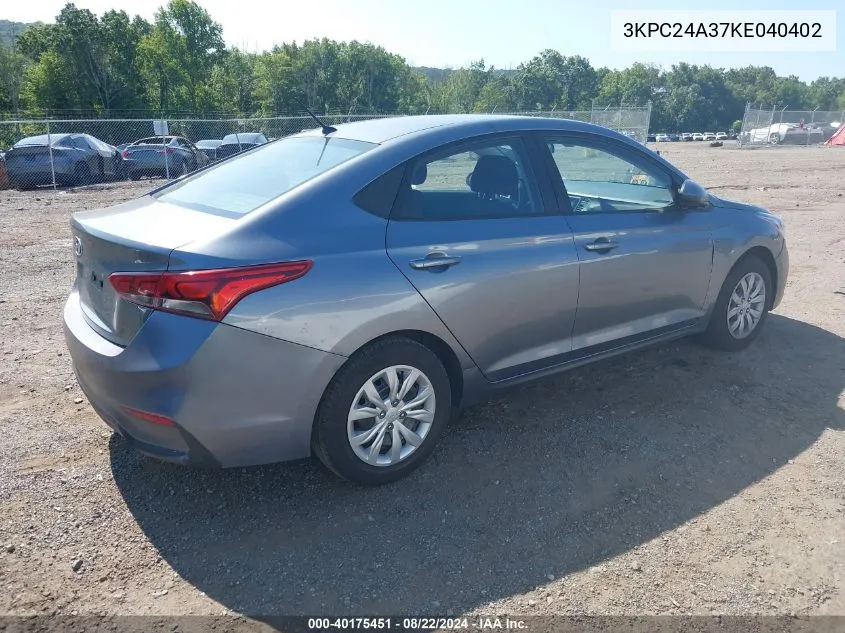 2019 Hyundai Accent Se VIN: 3KPC24A37KE040402 Lot: 40175451