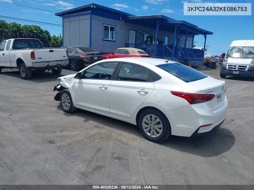 2019 Hyundai Accent Se VIN: 3KPC24A32KE086753 Lot: 40329236