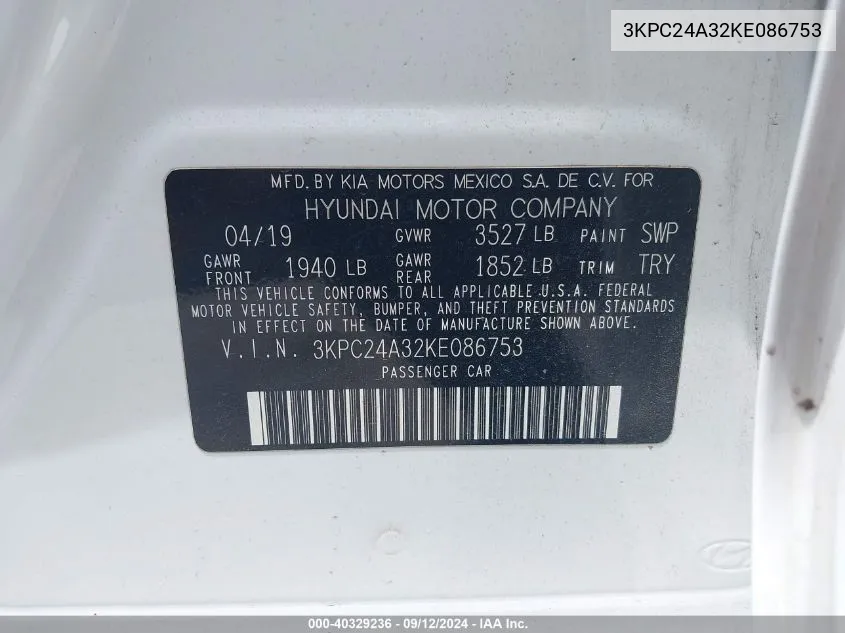 3KPC24A32KE086753 2019 Hyundai Accent Se